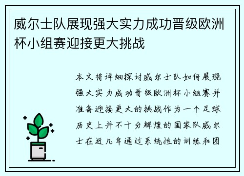 威尔士队展现强大实力成功晋级欧洲杯小组赛迎接更大挑战